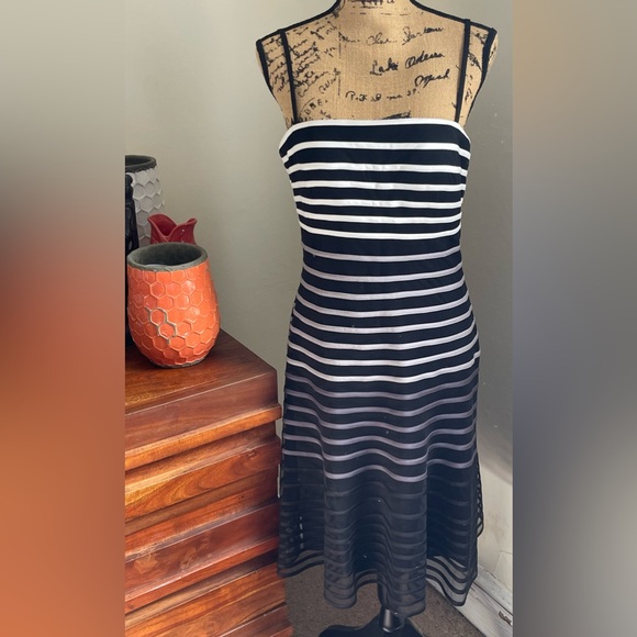 White House Black Market Dresses & Skirts - EUC WHBM Black Mesh Dress with White to Gray Ombré Stripes